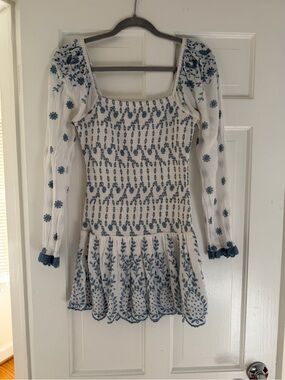 LoveShackFancy Women's White Jayce Smocked Dress with Blue Embroidery